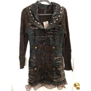 •NWT•  Embroidered Brown Cardigan